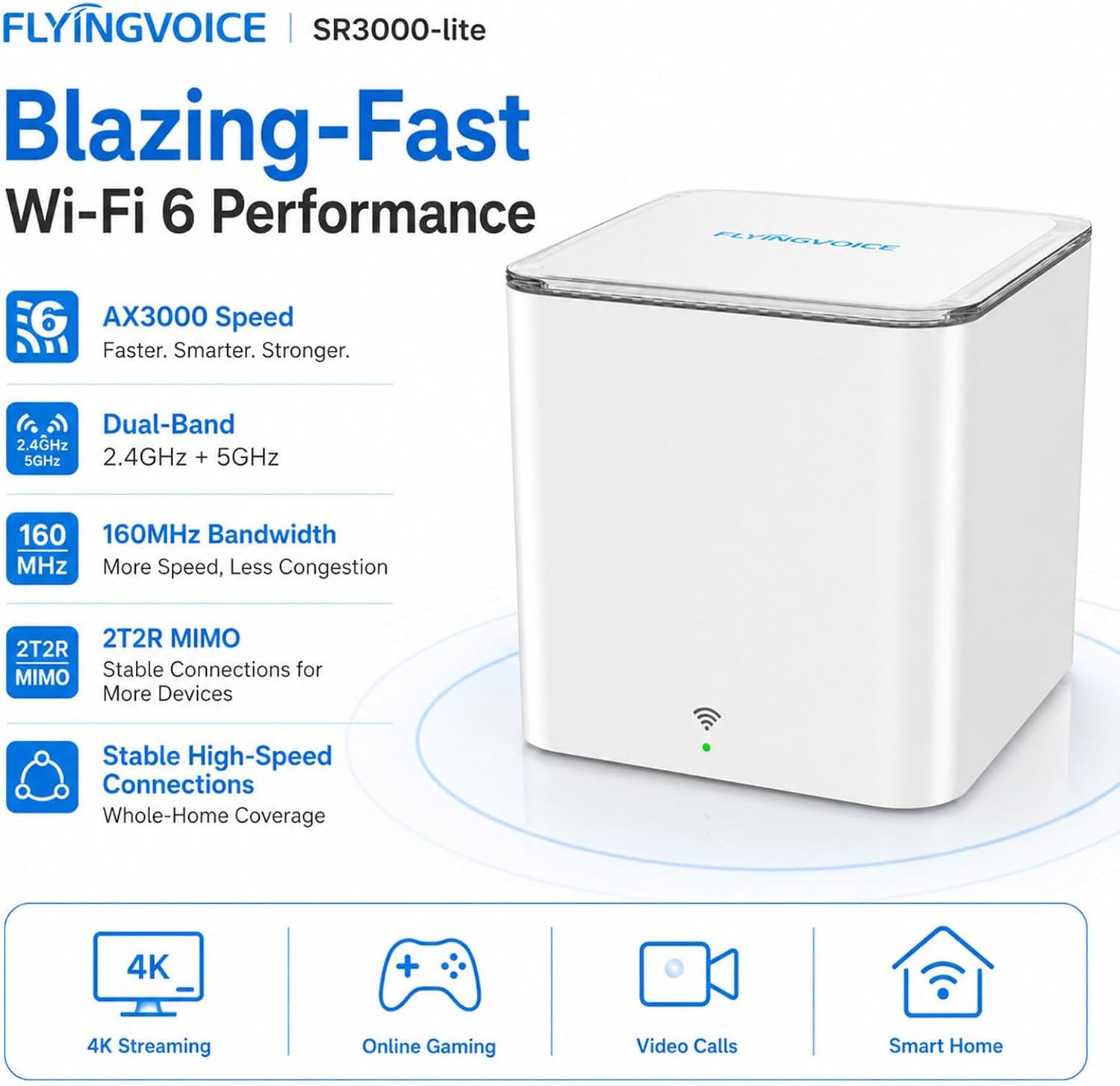 FLYINGVOICE SR3000-lite AX3000 Wi-Fi 6 Router, Dual-Band Gigabit Wireless Internet Speed, EasyMesh for Whole Home Coverage, 1 x Gigabit Port (WAN/LAN), WPS Button, Parent Router or Mesh Satellite