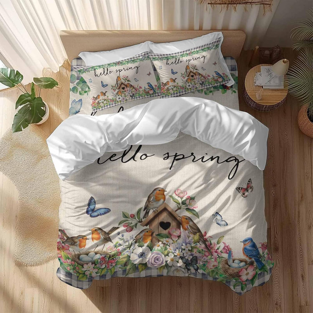 Hello Spring Duvet Cover Set Queen Size 4 Pieces Bird Pink White Flowers Butterflies Vintage Linen Texture Bedding Set with Zipper Closure,1 Comforter Cover 92x106 Inches 1 Flat Sheet & 2 Pillow Cases
