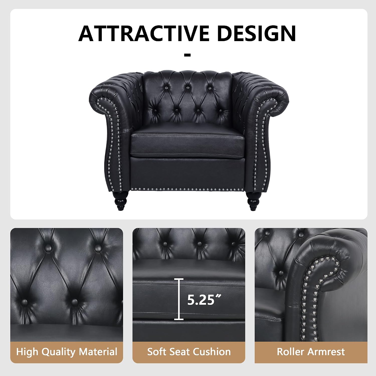 QHITTY Accent Chair, Chesterfield Chair Modern Leather Upholstered Chair with Tufted Back for Living Room Furniture (Black)