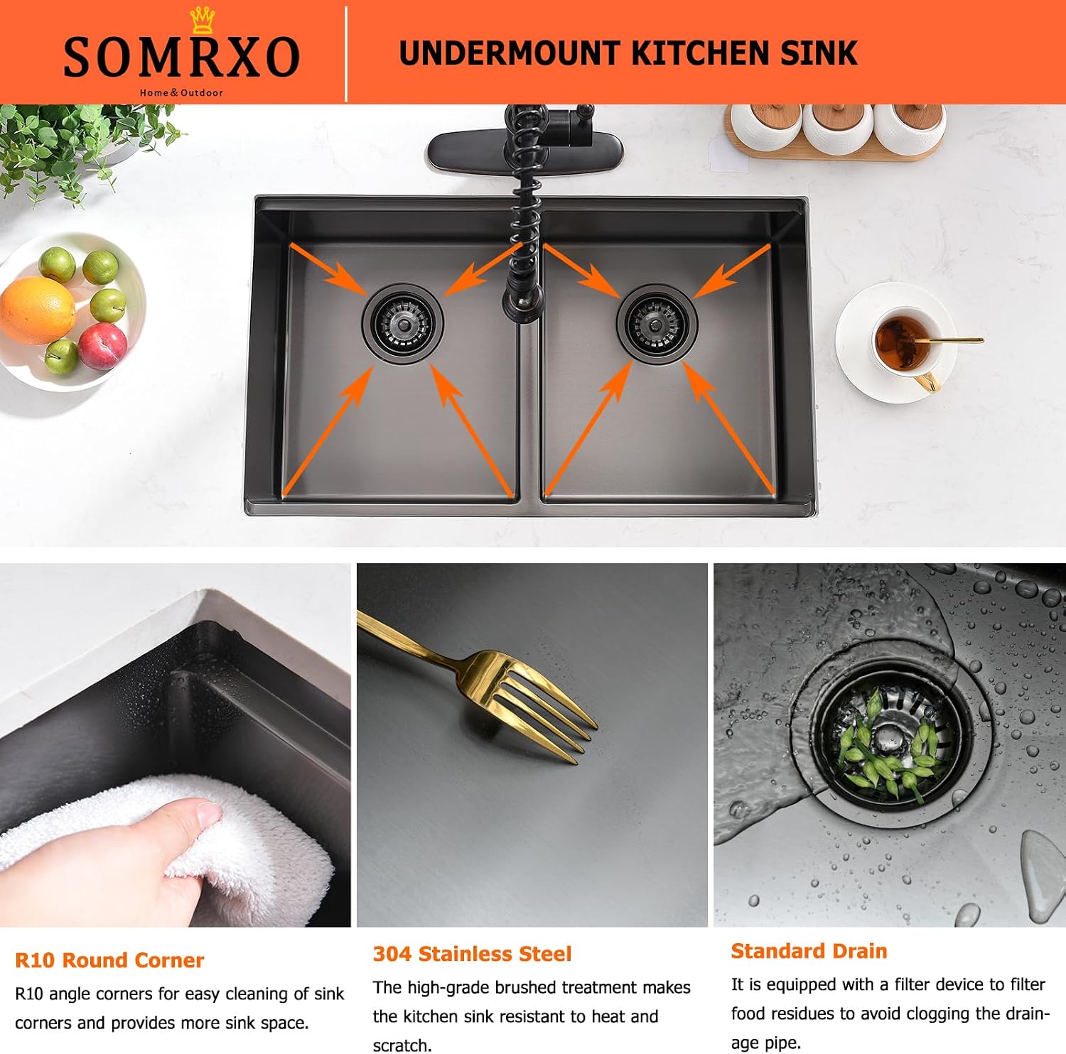 30 Inch Black Undermount Kitchen Sink Double Bowl - 30x18 Undermount Workstation Sink 16 Gauge Black Stainless Steel 10 Inch Deep Double Bowl Kitchen Sinks