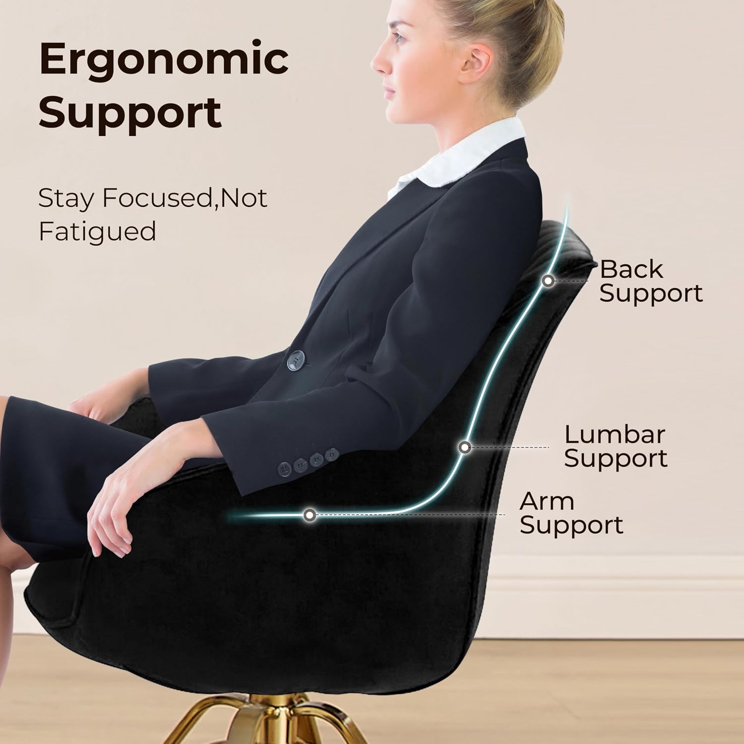 Volans Modern Desk Chair No Wheels, Upholstered Swivel Accent Chairs with Gold Plated Legs, Velvet Office Chair for Home Office Bedroom, Black
