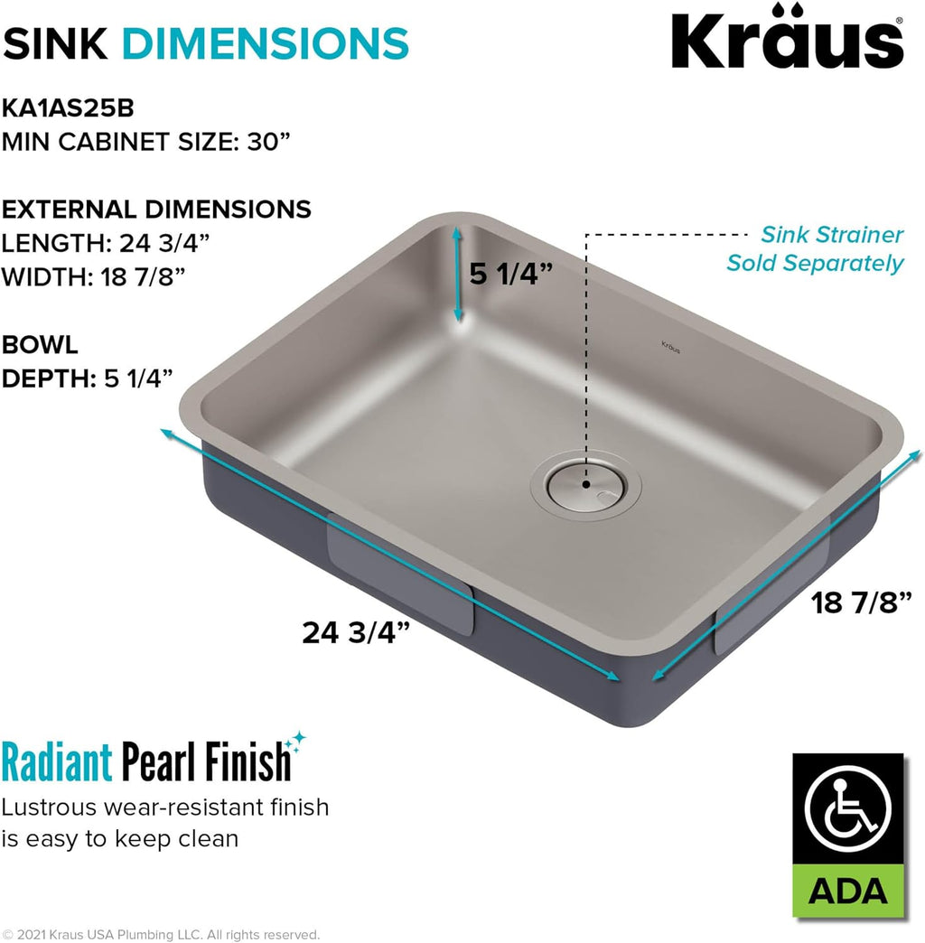 KRAUS Dex 25-inch Undermount 16 Gauge Stainless Steel Single Bowl ADA Kitchen Sink, KA1AS25B
