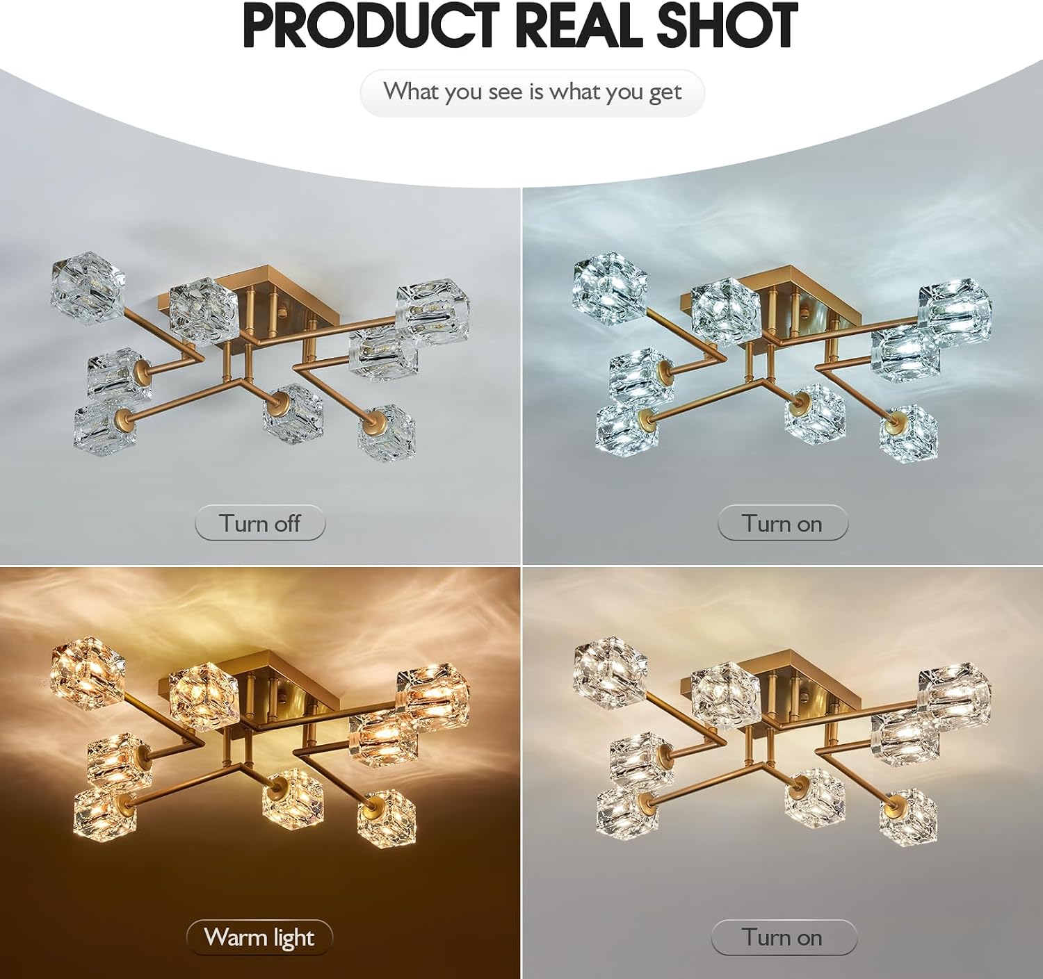 Vintage Gold Semi Flush Mount Ceiling Light 8-Light Glass Sputnik Chandeliers Mid Century Modern Crystal Ceiling Light Fixture for Living Room Dining Room Bedroom Kitchen Foyer