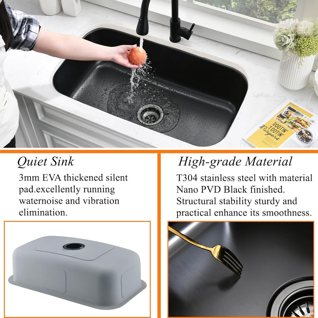 31 Inch Black Undermount Sink Stainless Steel-Bokaiya 31x18 Kitchen Sink Undermount Black Stainless Steel Sink 16 Gauge Single Bowl Kitchen Sink with Dish Grid