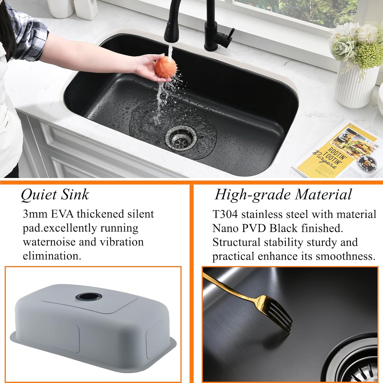 31 Inch Black Undermount Sink Stainless Steel-Bokaiya 31x18 Kitchen Sink Undermount Black Stainless Steel Sink 16 Gauge Single Bowl Kitchen Sink with Dish Grid