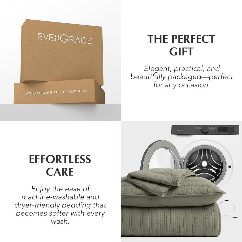 EVERGRACEHOME 100% Cotton Modern Lines Quilt Set Oversized King, Pre-Washed Soft Striped Coverlet Bedspread, 3 Piece Lightweight Bedding Set for All Season, with 2 Pillow Shams, Olive Green