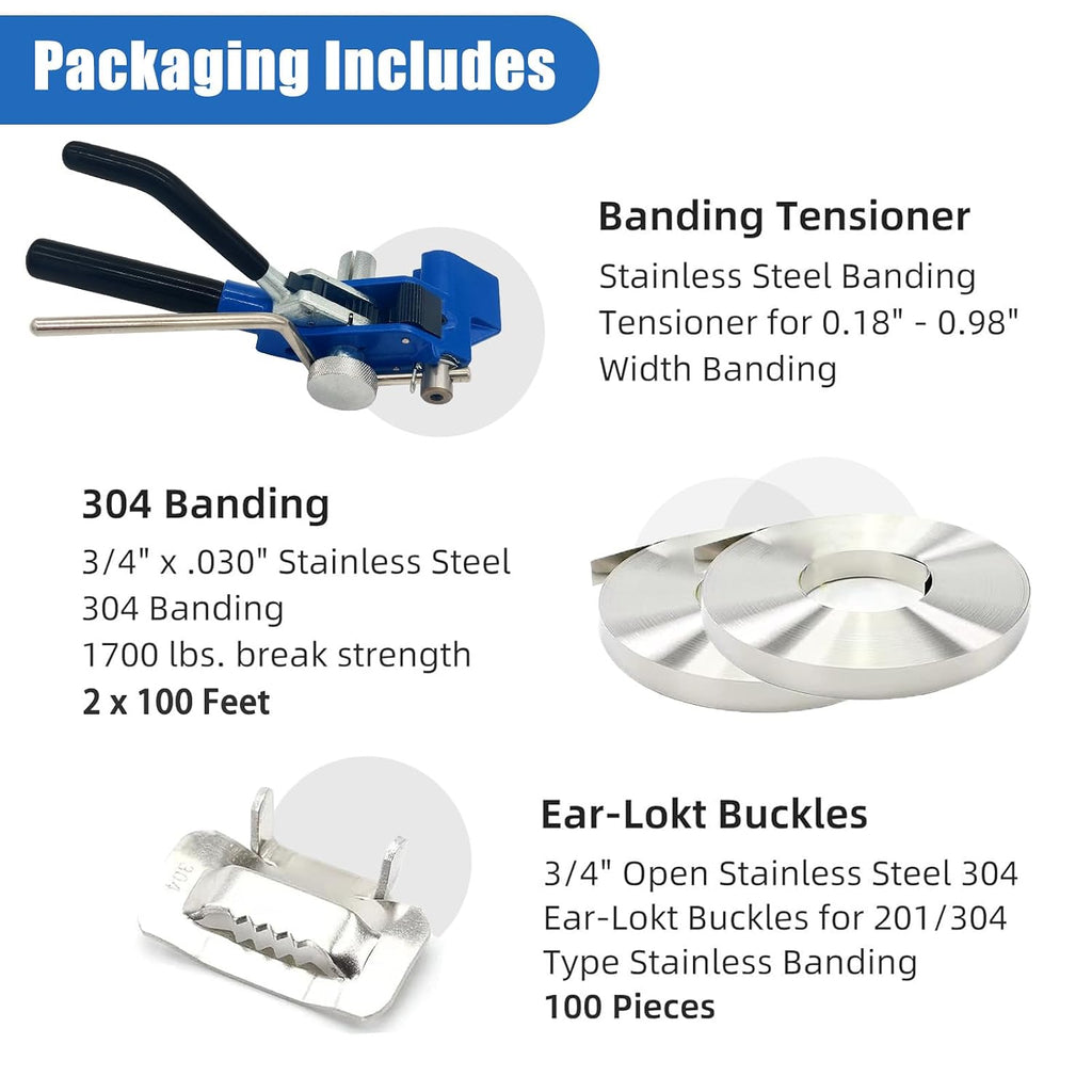 Banding Strapping kit, 200 ft Length 304 Stainless Steel Strapping 100 Metal Buckle with Cut Resistant Gloves, Metal Banding Tool for Pallets, Logistics, Warehouse