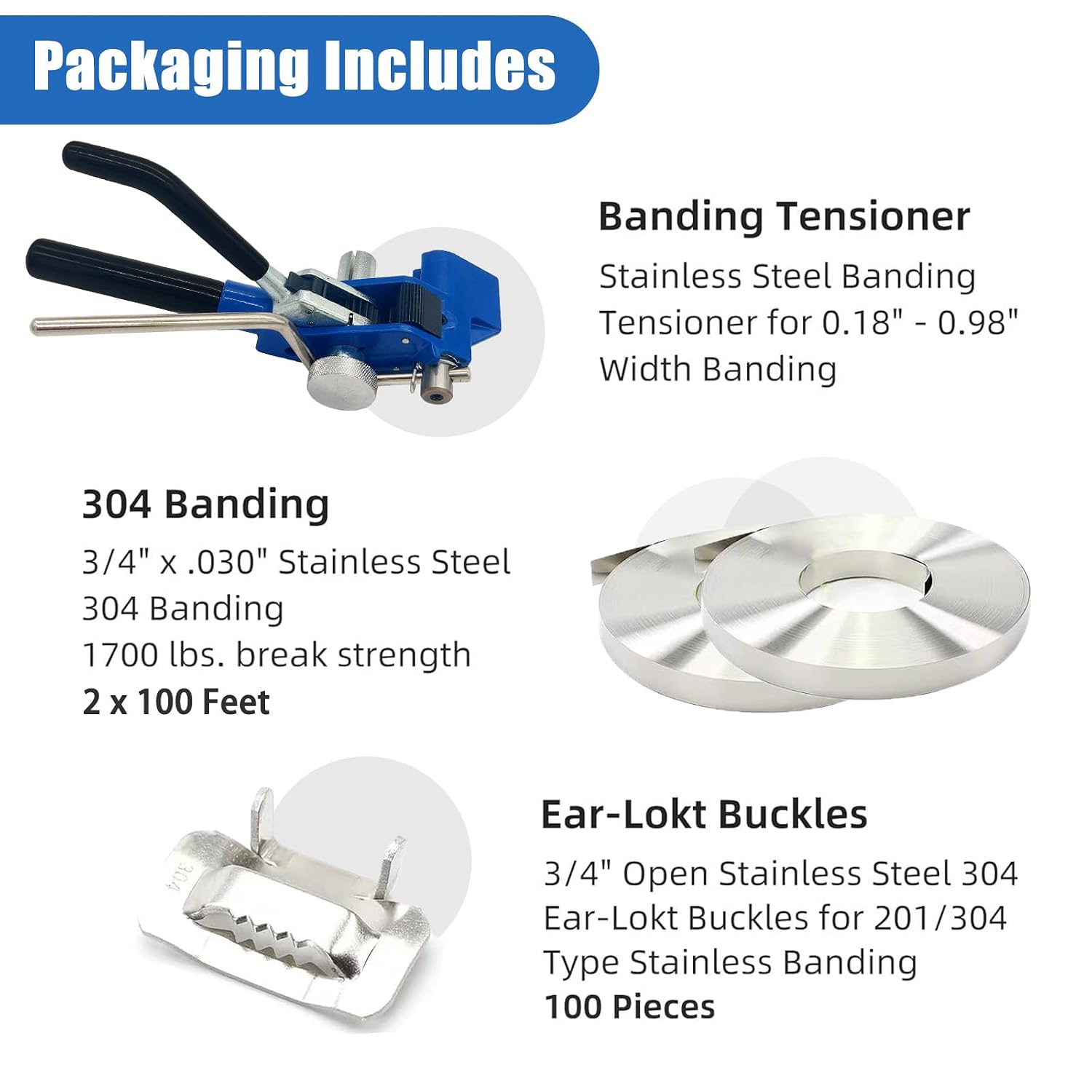 Banding Strapping kit, 200 ft Length 304 Stainless Steel Strapping 100 Metal Buckle with Cut Resistant Gloves, Metal Banding Tool for Pallets, Logistics, Warehouse