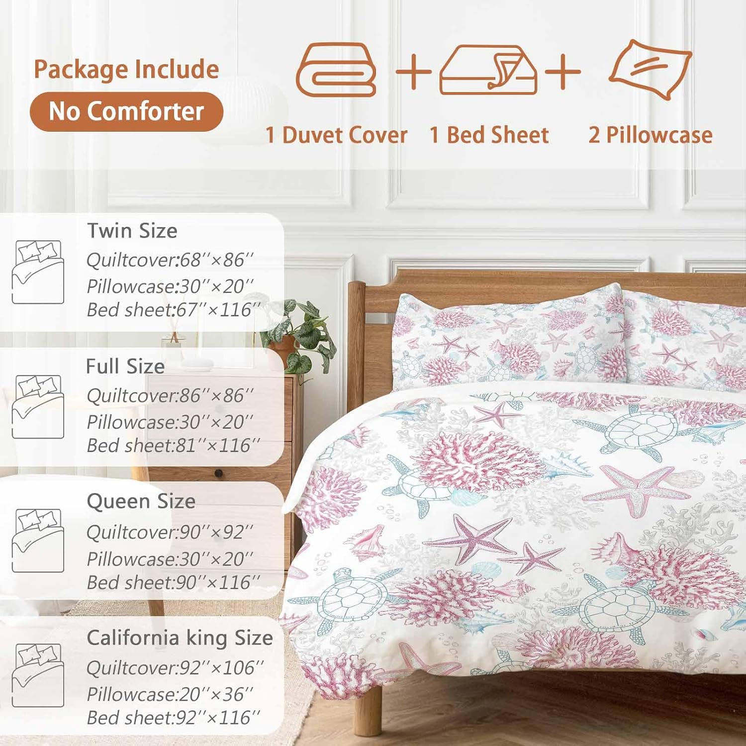 Summer Marine Life Duvet Cover Set Queen Size 4 Pieces Ocean Starfish Coral Coastal Sea Turtle Pink Bedding Set with Zipper Closure, 1 Comforter Cover 92x106 Inches 1 Flat Sheet & 2 Pillow Cases