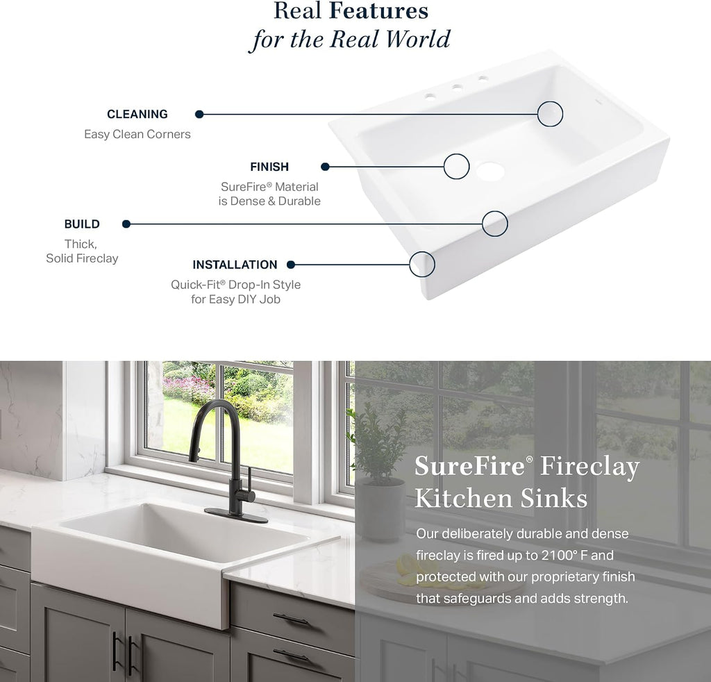 Sinkology Parker 34 Inch White Fireclay Quick-Fit Drop-In Kitchen Sink (Crisp White – 3 Hole, 34 Inch Single Bowl)