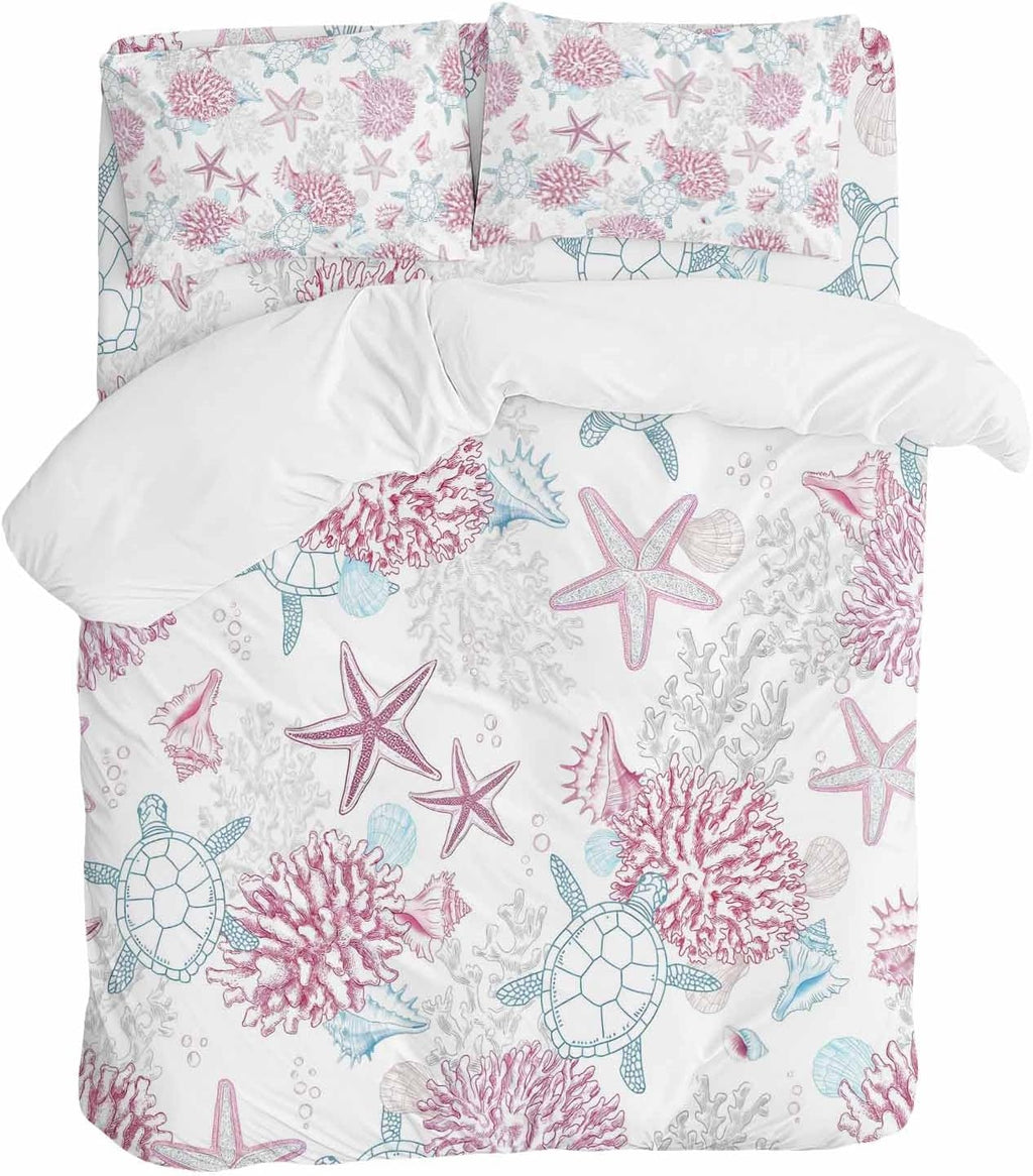 Summer Marine Life Duvet Cover Set Queen Size 4 Pieces Ocean Starfish Coral Coastal Sea Turtle Pink Bedding Set with Zipper Closure, 1 Comforter Cover 92x106 Inches 1 Flat Sheet & 2 Pillow Cases