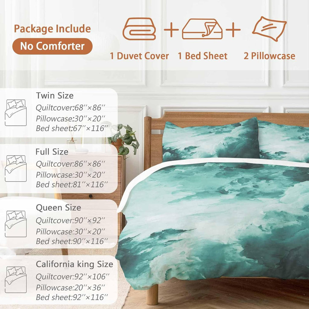 Prime Leader Clouds Duvet Cover Set Queen Size 4 Pieces Abstract Gradient Green Clouds Sky Bedding Set with Zipper Closure, 1 Comforter Cover 92x106 Inches 1 Flat Sheet & 2 Pillow Cases
