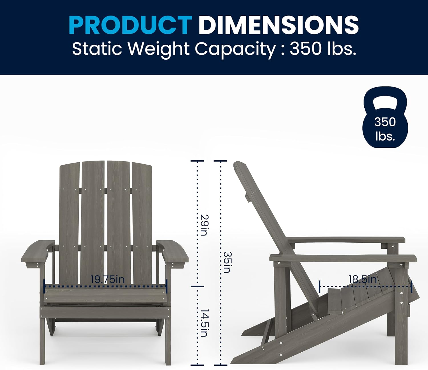Flash Furniture Charlestown Indoor/Outdoor Faux Wood Adirondack Chair, Weather-Resistant Polyresin Patio Adirondack Chair with 350-lb. Static Weight Capacity, Gray