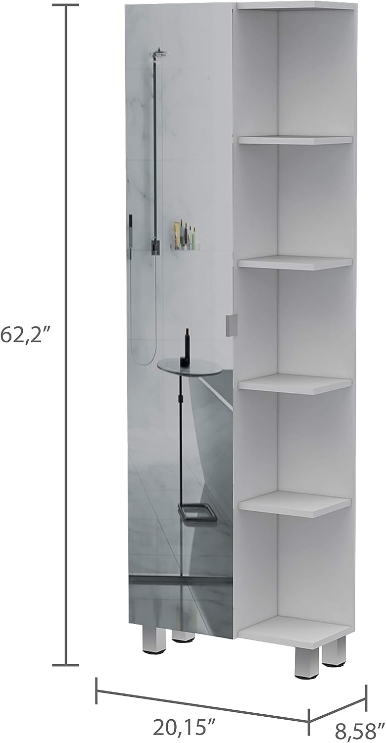 FM FURNITURE Los Angeles Mirror Linen Cabinet with 5 Open Shelves and 4 Inner Shelves, White