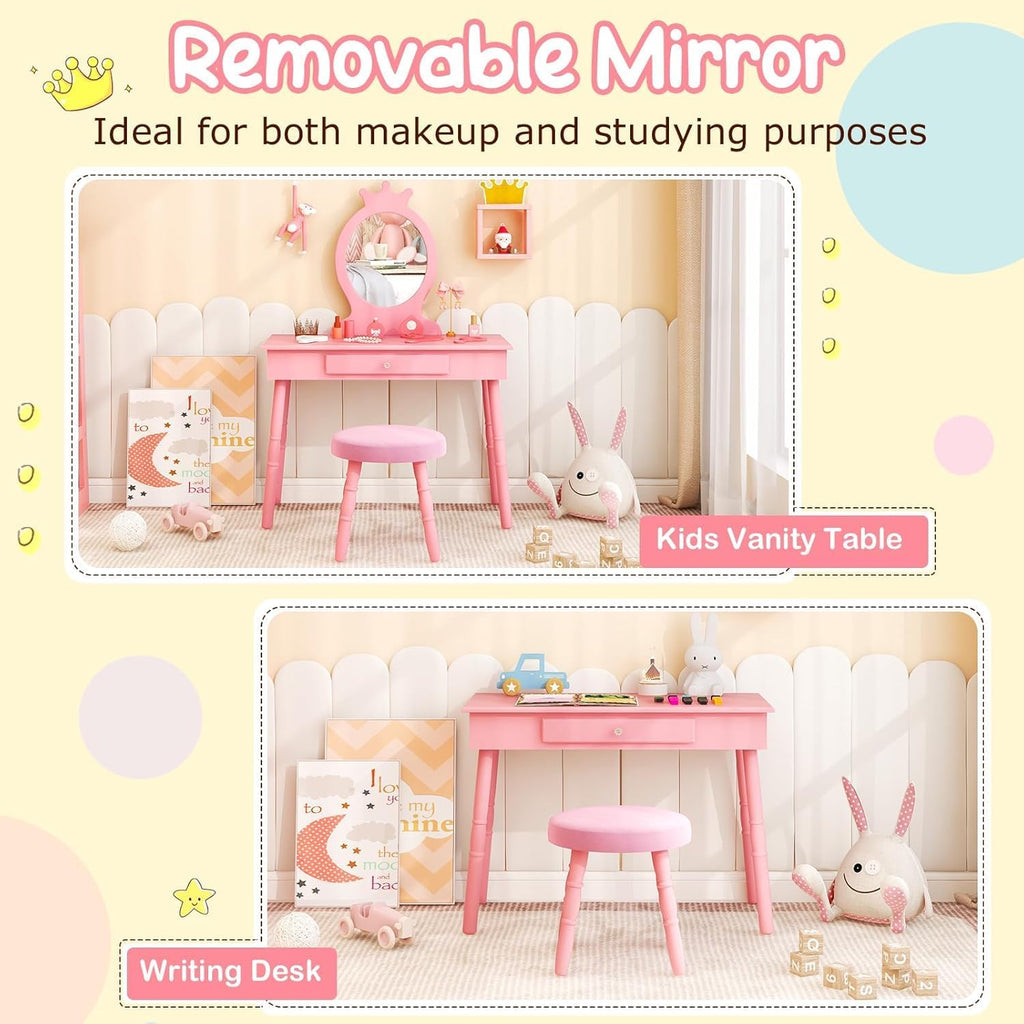 GLACER Kids Vanity with Stool, Rotatable Kids Jewelry Armoire, Kids Vanity Table and Chair Set w/Coat Rack, Storage Shelves, Full-Length Mirror, Solid Wood Legs, Kids Bedroom Furniture (Pink)