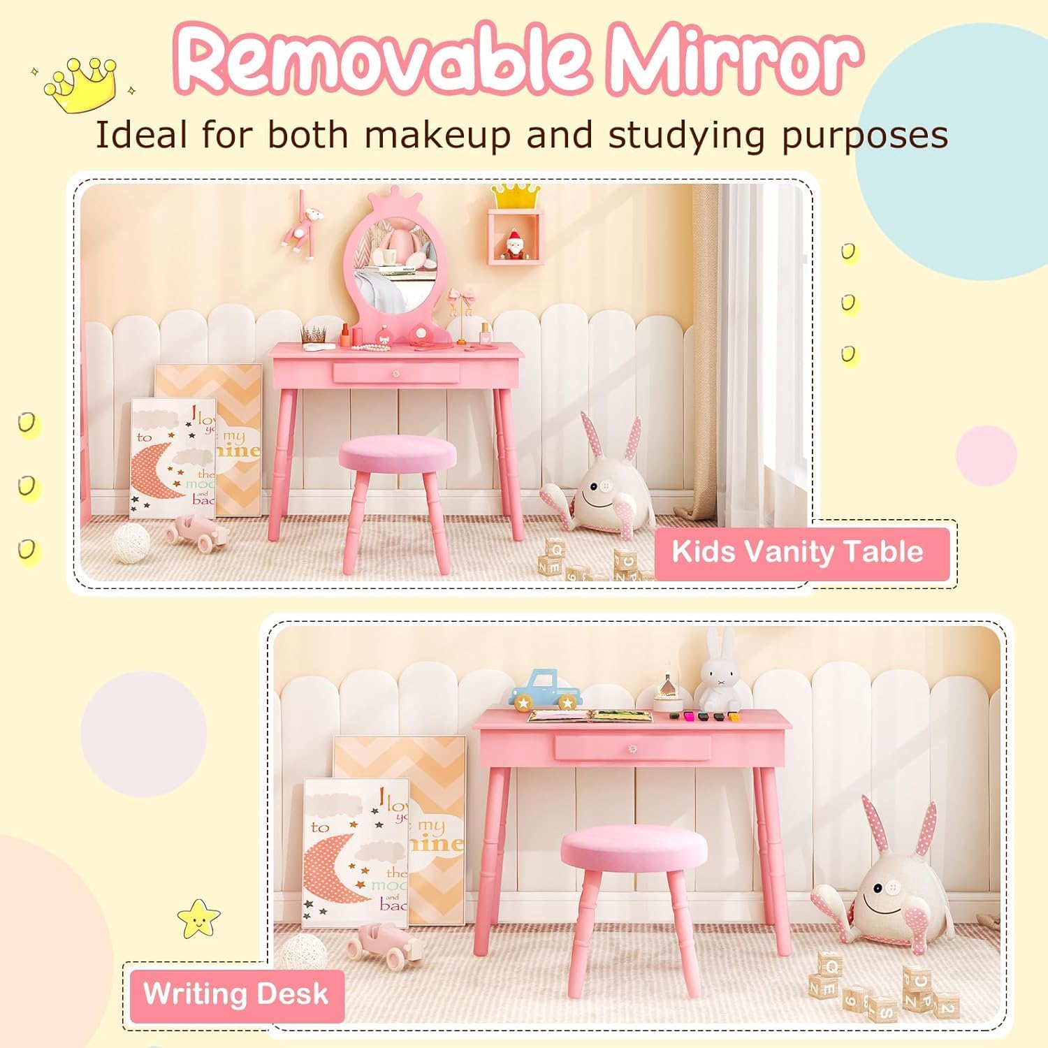 GLACER Kids Vanity with Stool, Rotatable Kids Jewelry Armoire, Kids Vanity Table and Chair Set w/Coat Rack, Storage Shelves, Full-Length Mirror, Solid Wood Legs, Kids Bedroom Furniture (Pink)