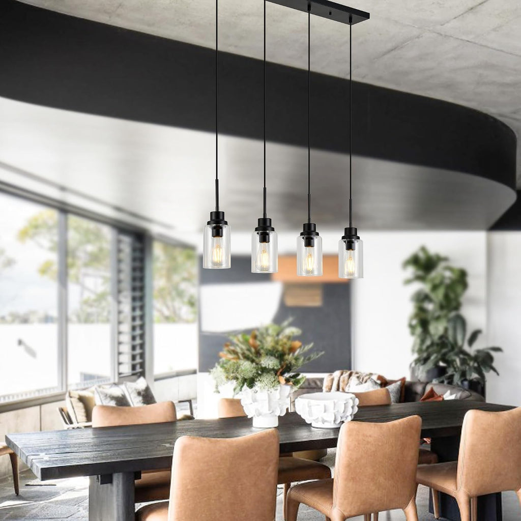 4-Lights Pendant Lighting for Kitchen Island in Black, Ceiling Light Fixtures with Adjustable Hanging Wire & Clear Glass Shades