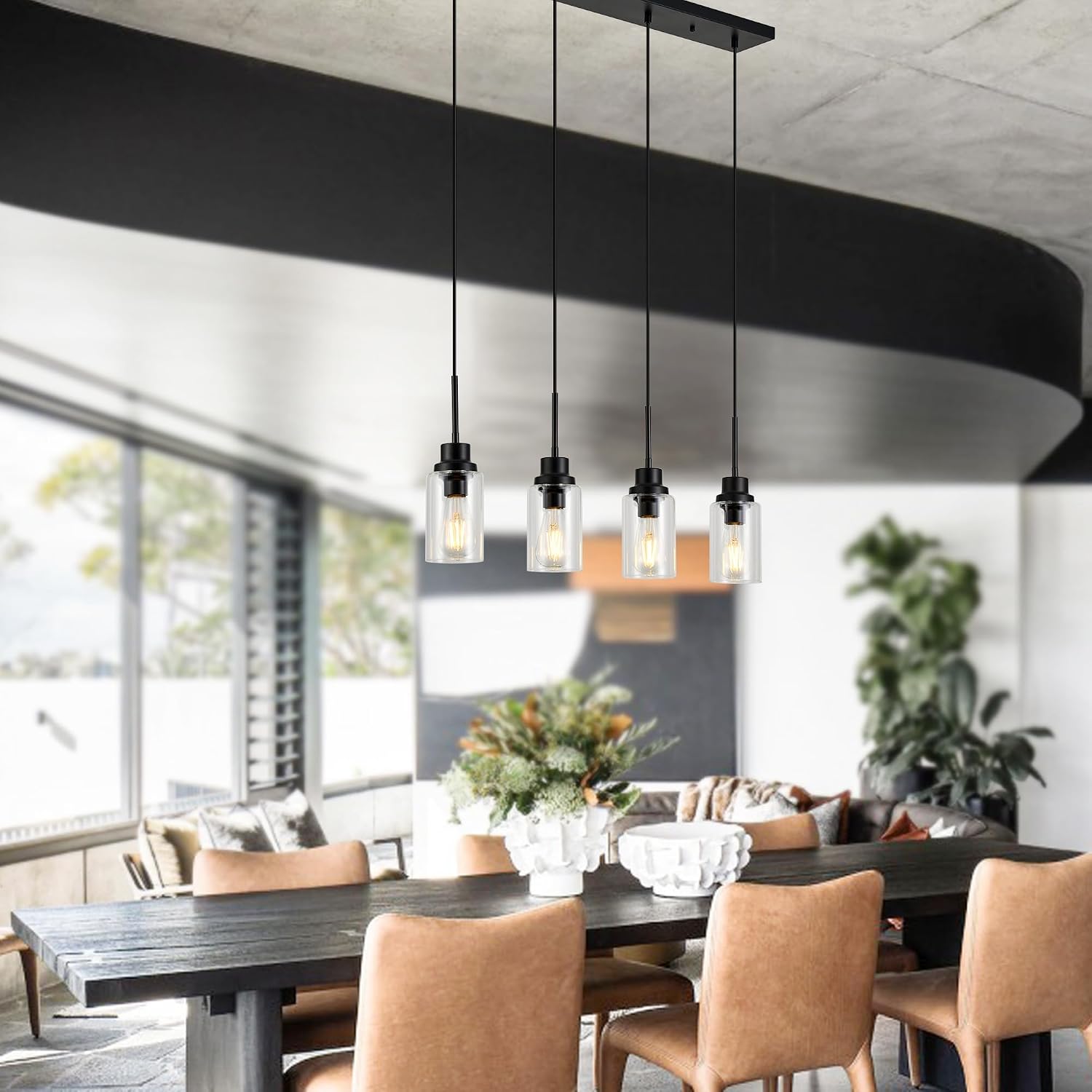 4-Lights Pendant Lighting for Kitchen Island in Black, Ceiling Light Fixtures with Adjustable Hanging Wire & Clear Glass Shades