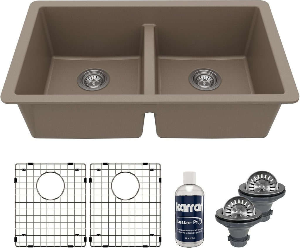 Karran QU-810 32' Undermount Double Equal Bowl Quartz Kitchen Sink Kit in Concrete