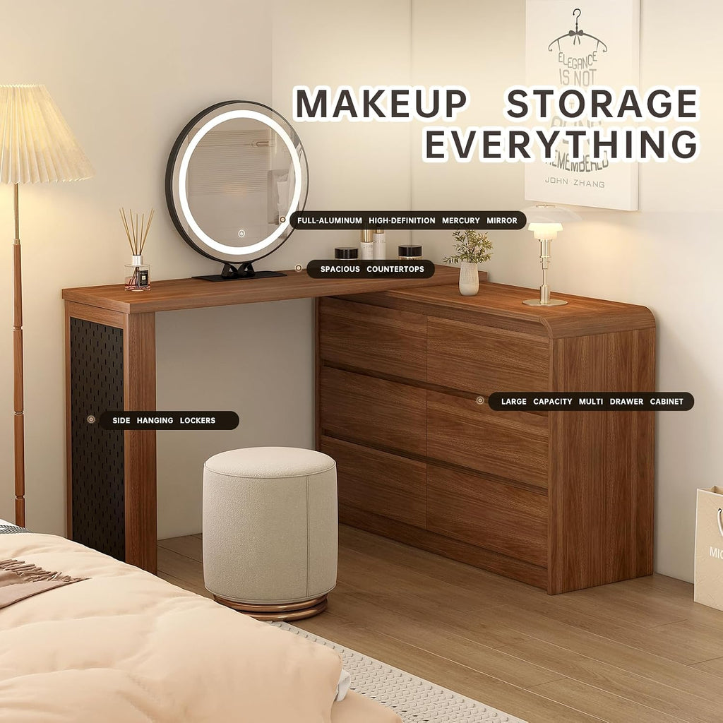 Messenya Makeup Vanity Desk with Full Aluminum HD Lighted Mirror, 50-90in Extendable Modern Dressing Table, 6-Drawer Storage Cabinet with Rounded Anti-Collision Corners, Bedroom Vanity, Brown