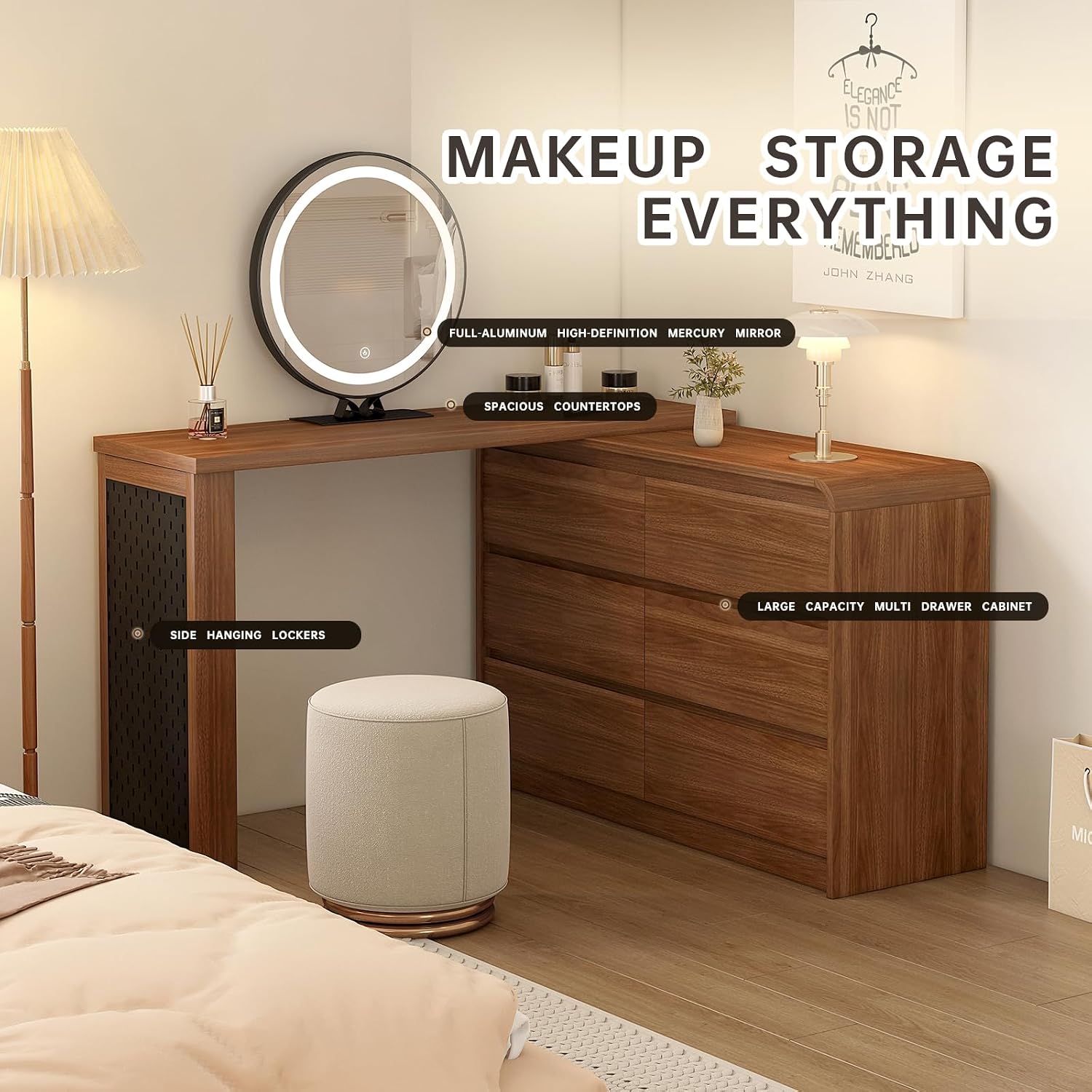 Messenya Makeup Vanity Desk with Full Aluminum HD Lighted Mirror, 50-90in Extendable Modern Dressing Table, 6-Drawer Storage Cabinet with Rounded Anti-Collision Corners, Bedroom Vanity, Brown