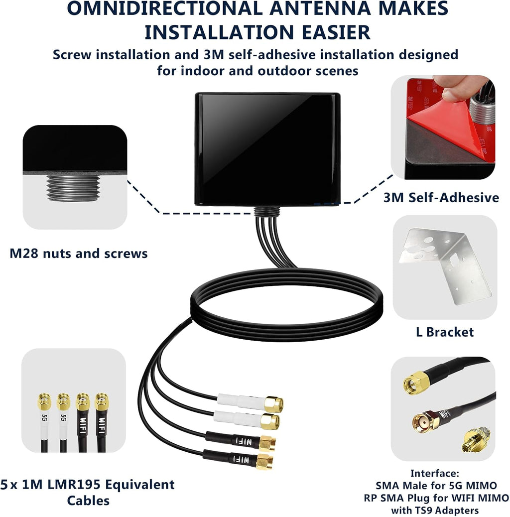 Maswell Combo 2X2 MIMO Antenna, Up to 6dBi, Omni 600-8000MHz, MIMO WiFi Networking and MIMO 3G 4G LTE 5G for Hotspots, Routers, Gateways, Verizon, AT&T, T-Mobile Home Internet, WiFi 7 Ready (Full Kit)