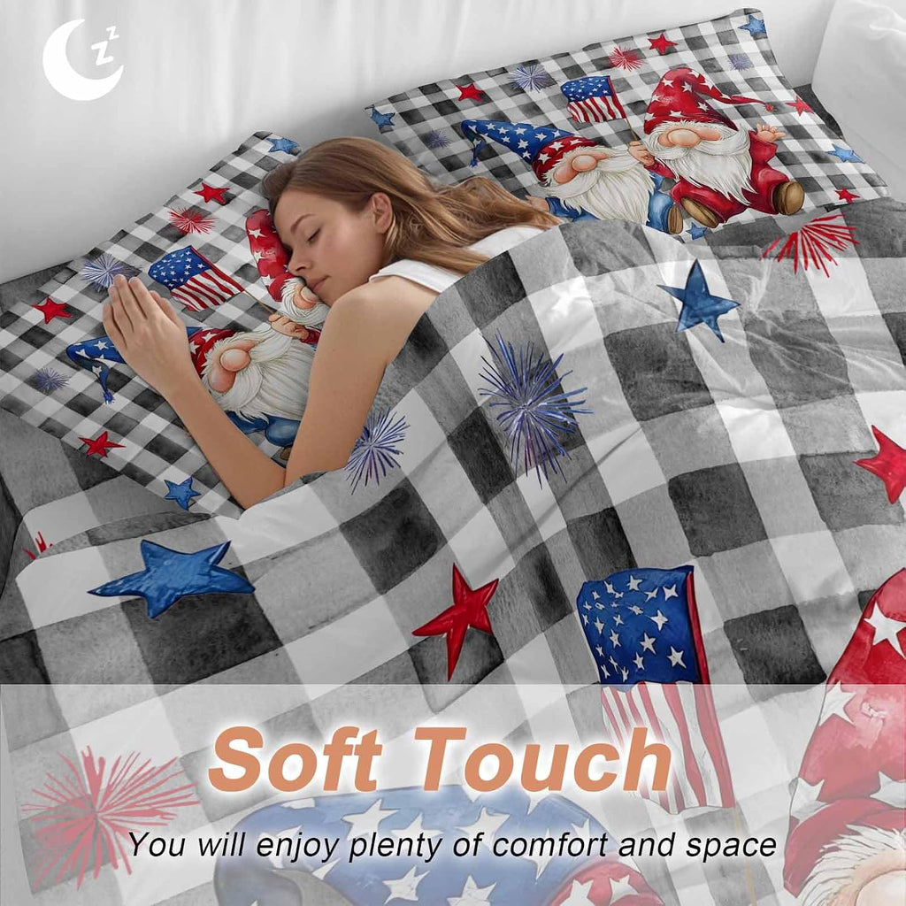 Prime Leader Independence Day Duvet Cover Set Queen Size 4 Pieces Patriotic Gnomes USA Flag Black Plaid Bedding Set with Zipper Closure, 1 Comforter Cover 92x106 Inches 1 Flat Sheet & 2 Pillow Cases