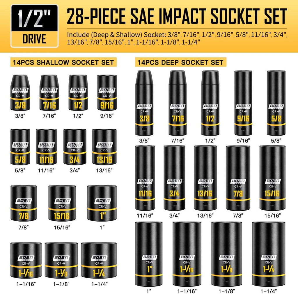 BOEN 1/2' Drive Impact Socket Set, 65-Piece Standard SAE (3/8' to 1-1/4') & Metric (10mm-24mm) Deep & Shallow Socket with Embossed Painted Marking, Includes Adapters, Ratchet Wrench, Extension Bars
