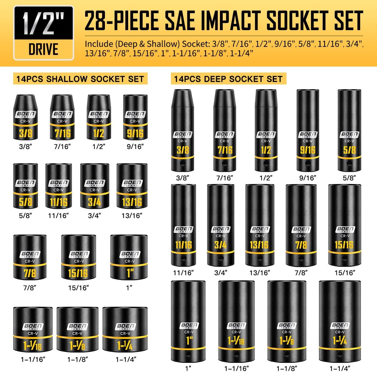 BOEN 1/2' Drive Impact Socket Set, 65-Piece Standard SAE (3/8' to 1-1/4') & Metric (10mm-24mm) Deep & Shallow Socket with Embossed Painted Marking, Includes Adapters, Ratchet Wrench, Extension Bars