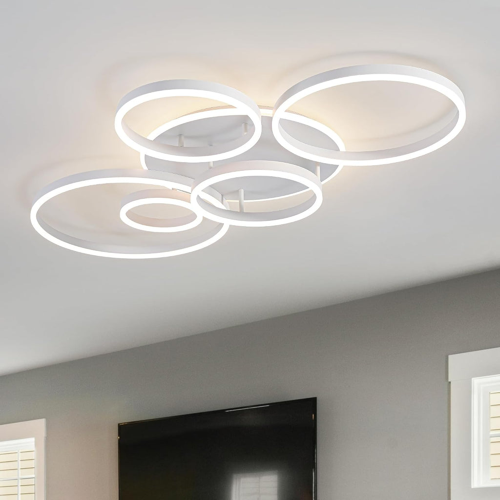 O'NEELDY Modern LED Ceiling Light White Flush Mount Ceiling Lights Fixtures Dimmable 47' Dining Room Light Fixture with Remote 6 Rings Kitchen Lighting Fixtures Ceiling Lamp for Bedroom,Living Room