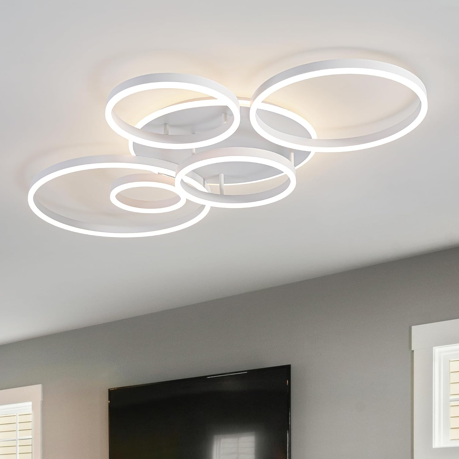 O'NEELDY Modern LED Ceiling Light White Flush Mount Ceiling Lights Fixtures Dimmable 47' Dining Room Light Fixture with Remote 6 Rings Kitchen Lighting Fixtures Ceiling Lamp for Bedroom,Living Room