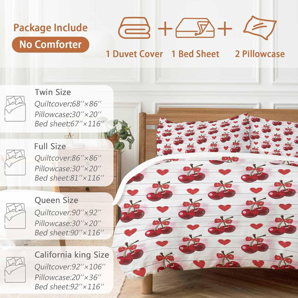 Prime Leader Cherry Duvet Cover Set Queen Size 4 Pieces Watercolor Red Fruit Love Wave Point Wood Grain Bedding Set with Zipper Closure, 1 Comforter Cover 92x106 Inches 1 Flat Sheet & 2 Pillow Cases
