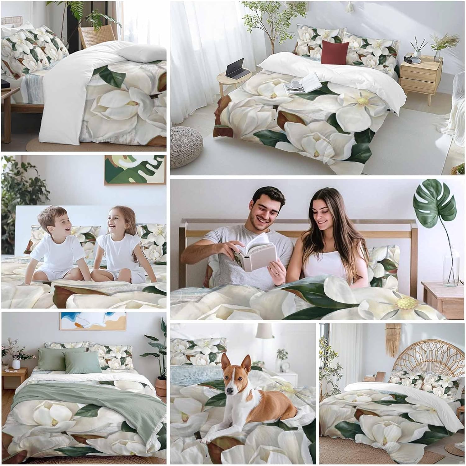 White Floral Duvet Cover Set Queen Size 4 Pieces Spring White Magnolia Vintage Plants Farmhouse Rustic Bedding Set with Zipper Closure, 1 Comforter Cover 92x106 Inches 1 Flat Sheet & 2 Pillow Cases