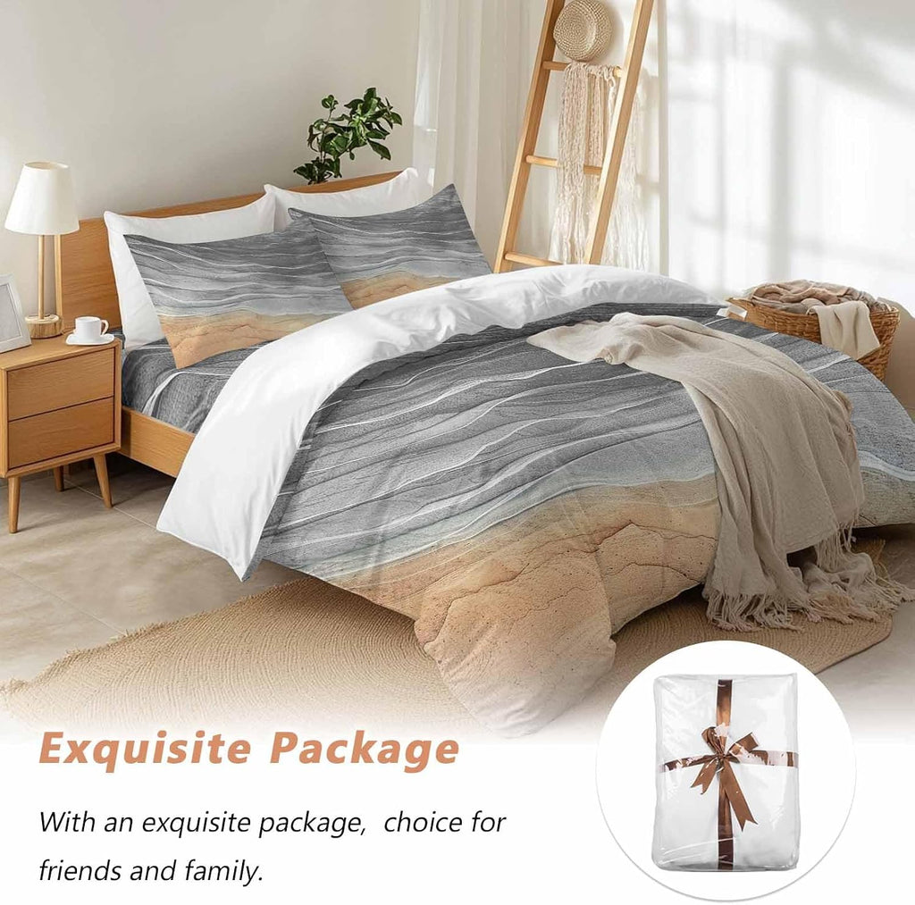Prime Leader Abstract Grey Duvet Cover Set Queen Size 4 Pieces Ocean Beach Waves Lines Gradient Bedding Set with Zipper Closure, 1 Comforter Cover 86x86 Inches 1 Flat Sheet & 2 Pillow Cases