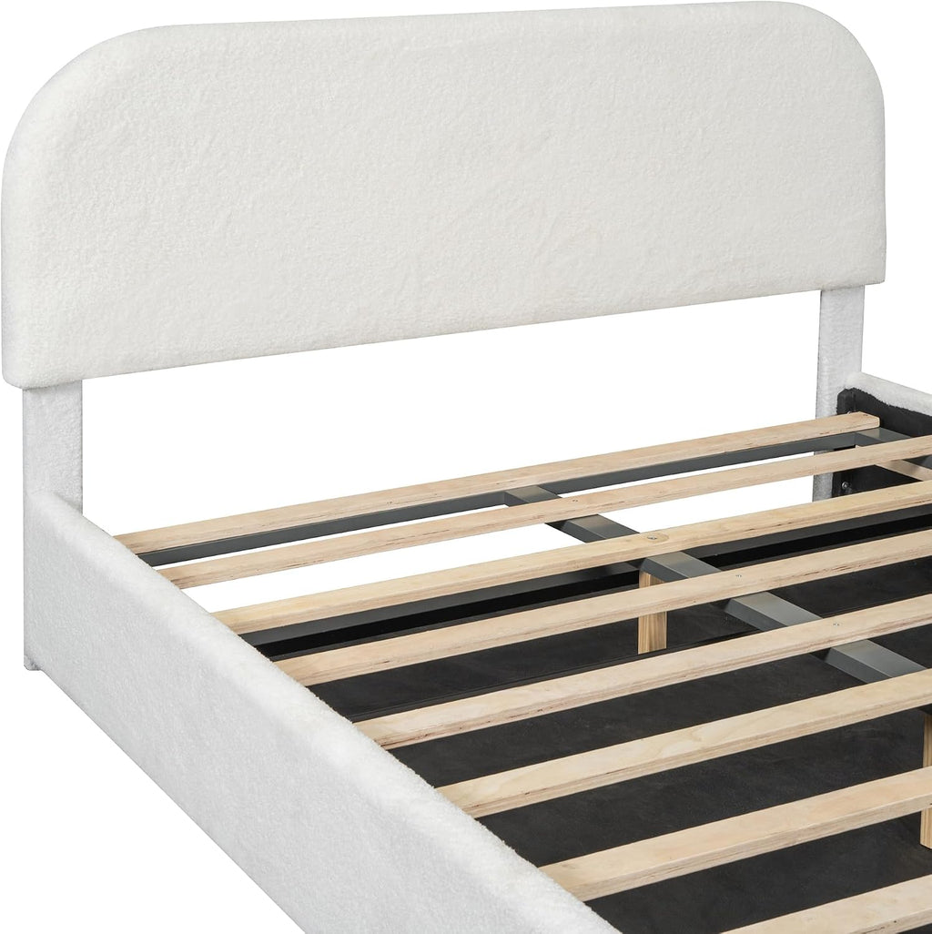 Upholstered Platform Bed with Hydraulic Storage System and Curved Shaped Headboard, Queen Size Wood Bed Frame for Kids Adults Bedroom Furniture, Teddy Fleece Thick Upholstered Bed Grounded Bed