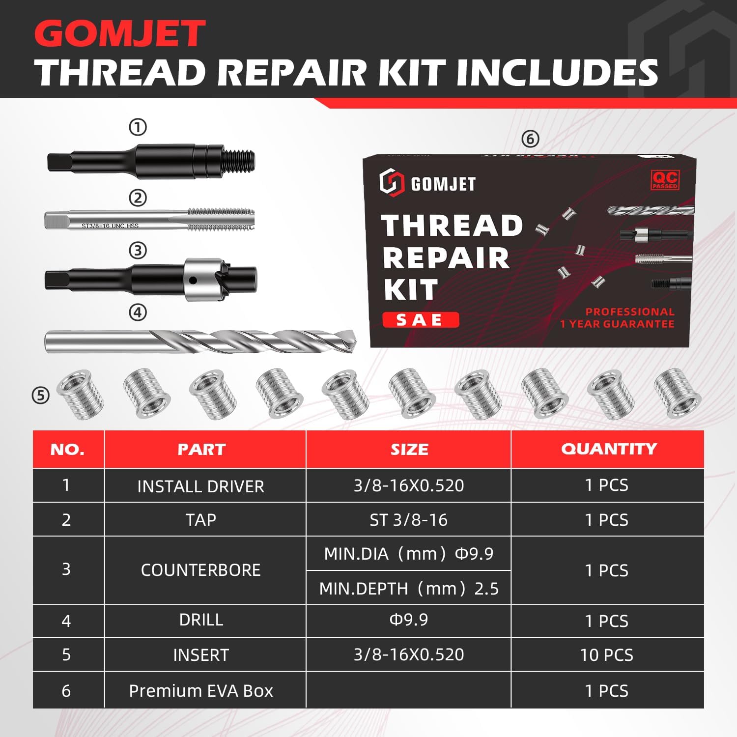 3/8-16 INCH Thread Repair Kit, with 3/8-16X0.520 inch Stainless Steel Insert Qty 10