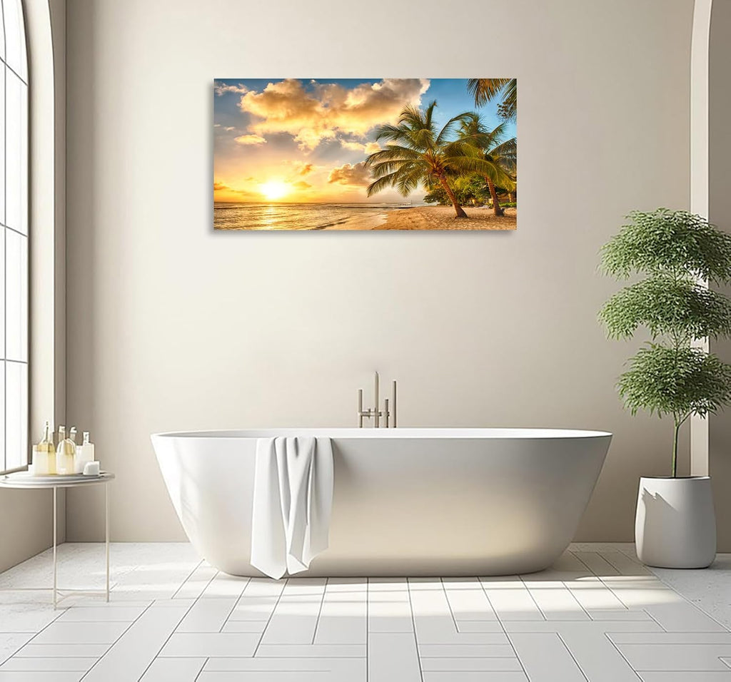Wall Art Canvas Painting Golden Ocean Beach Palm Tree 1 Piece Sunset See Coconut Trees Landscape Picture Poster Print Framed and Stretched Ready to Hang for Living Room Bedroom Office Artwork