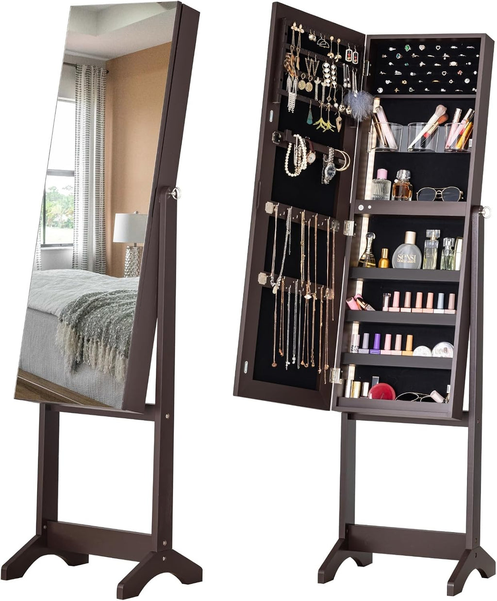 BTEXPERT Large Storage Jewelry Organizer with Frameless Mirror Free Standing Jewelry Armoire Cabinet (Brown)