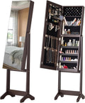 BTEXPERT Large Storage Jewelry Organizer with Frameless Mirror Free Standing Jewelry Armoire Cabinet (Brown)
