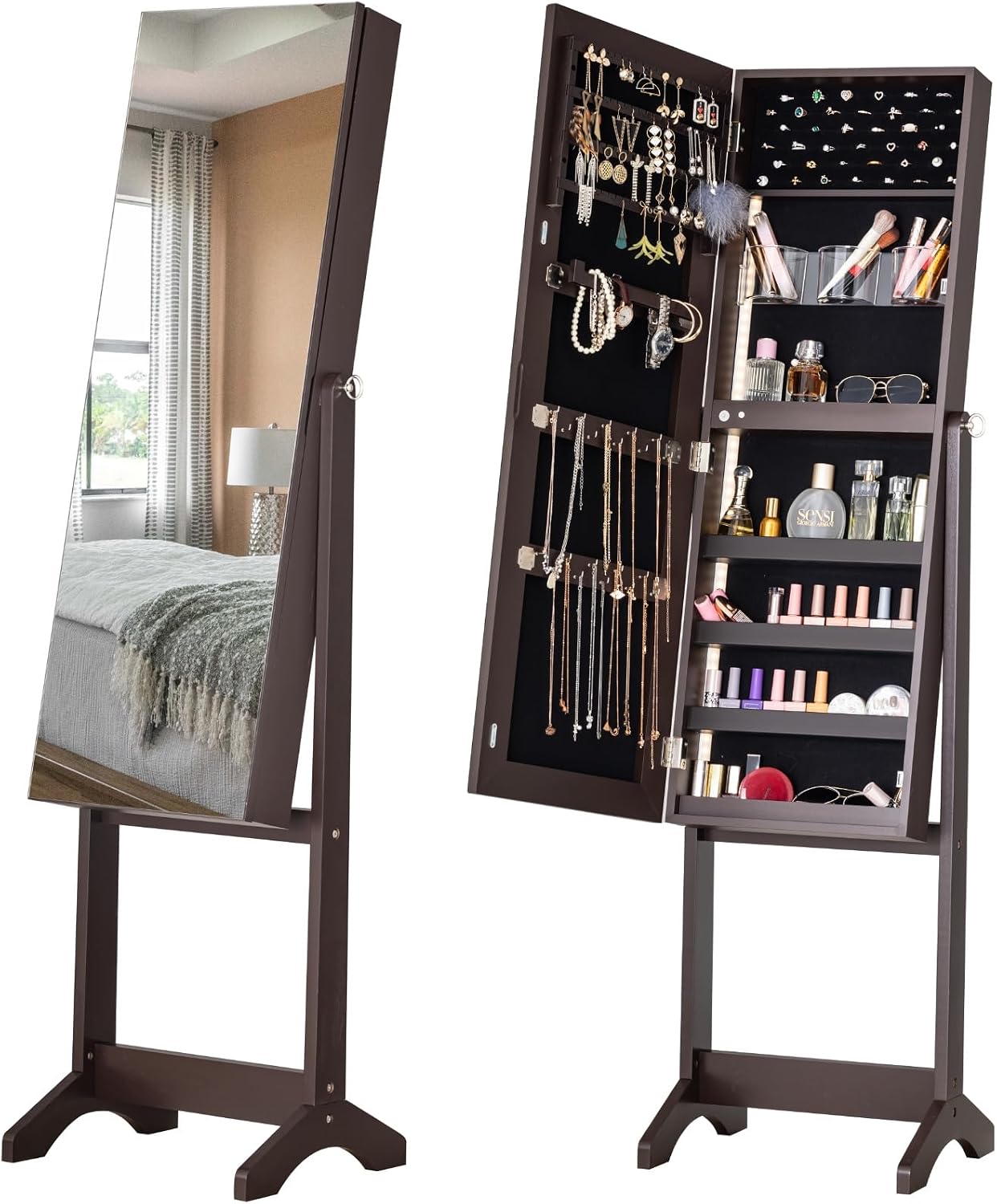 BTEXPERT Large Storage Jewelry Organizer with Frameless Mirror Free Standing Jewelry Armoire Cabinet (Brown)