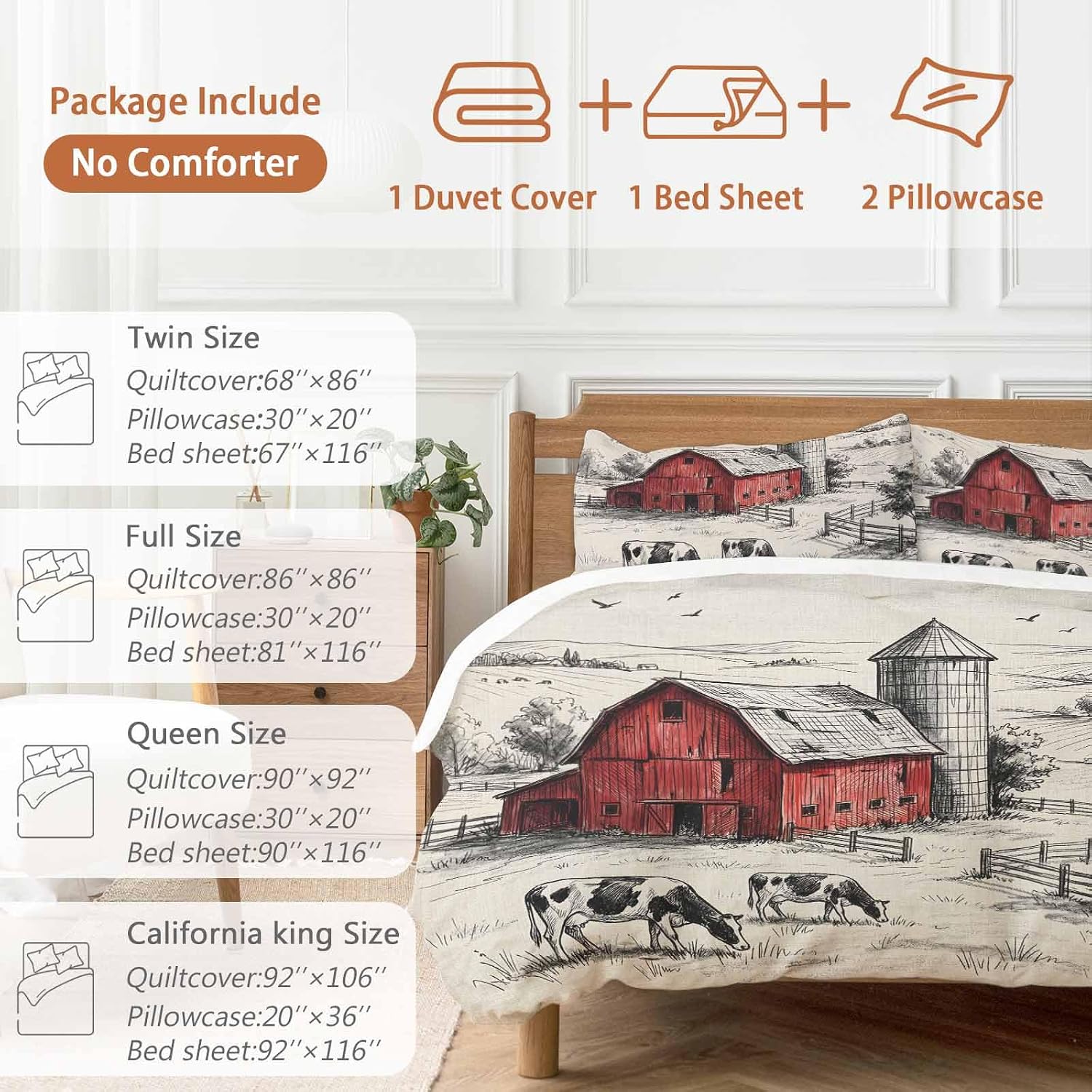 Farmhouse Duvet Cover Set Queen Size 4 Pieces Pastoral Landscape Watercolor Barn Farm Dairy Cow Retro Bedding Set with Zipper Closure, 1 Comforter Cover 92x106 Inches 1 Flat Sheet & 2 Pillow Cases