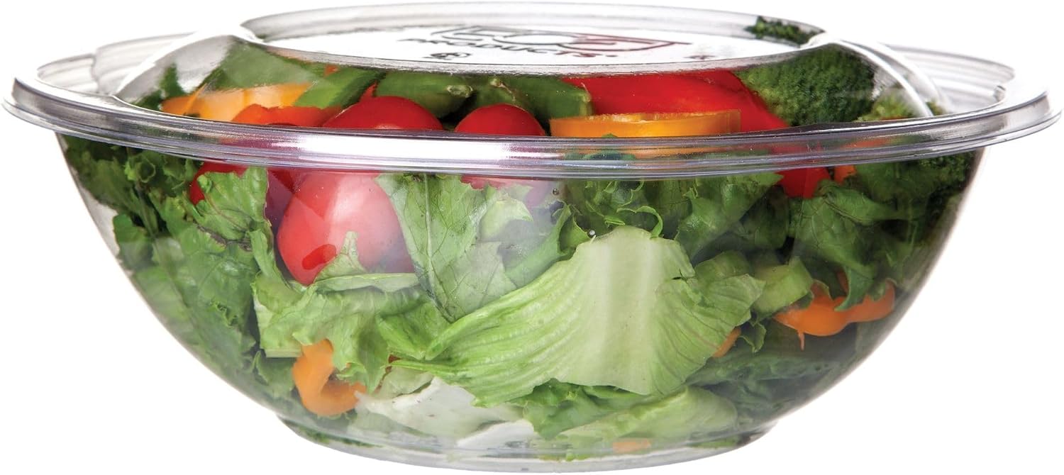 Eco-Products Compostable Clear PLA Plastic 64oz Large Salad Bowl With Lid, Case of 150, Grab 'n' Go Round Cold Takeout Food Containers, Renewable Plant-Based, Disposable, ASTM Compliant, BPI-Certified