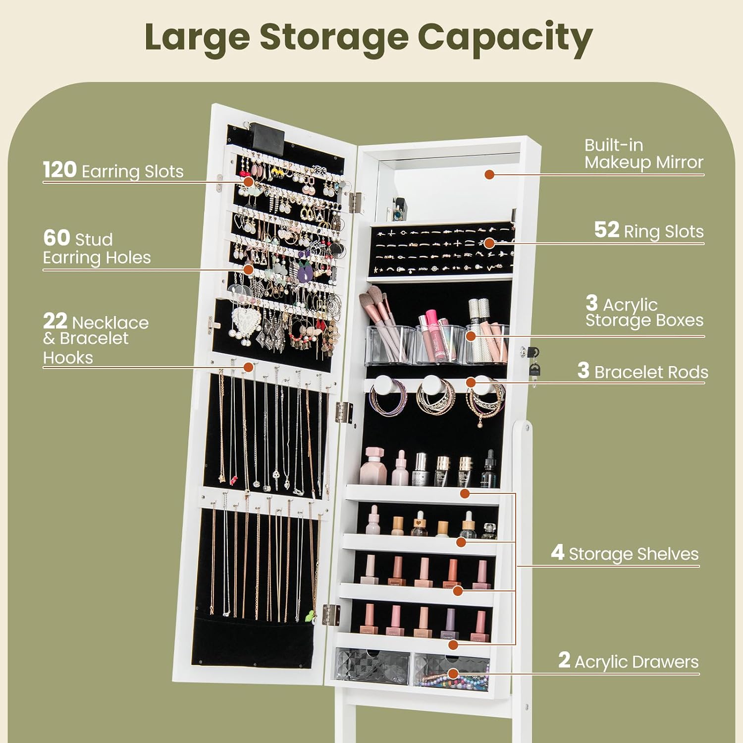 Giantex Standing Jewelry Armoire with Lighted Full Length Mirror, Lockable Jewelry Cabinet Organizer with 20 LED Lights, Adjustable Tilt, Large Storage for Earrings, Rings, Necklaces, White