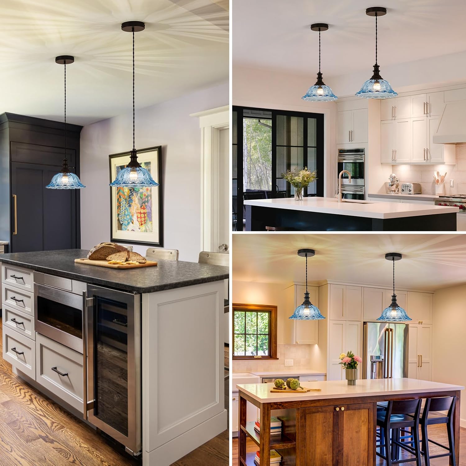 HDDFL Glass Pendant Lights Modern Pendant Lighting Fixtures Hanging Lamp for Kitchen Island Bedroom Dining Room Coffee Shop Hallway Blue and Black 2 Pack