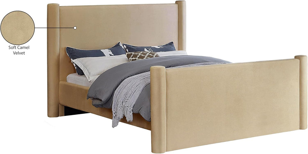 Meridian Furniture B1298Camel-Q Elias Collection Modern | Contemporary Queen Bed with Soft Camel Velvet, Solid Wood Inner Frame, 73.5' W x 88.5' D x 52' H, Camel, Queen