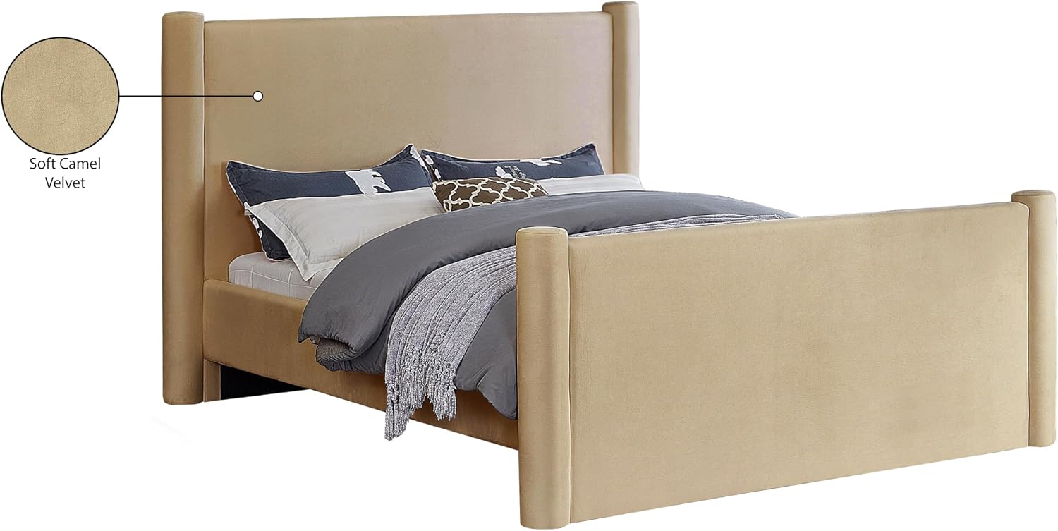 Meridian Furniture B1298Camel-Q Elias Collection Modern | Contemporary Queen Bed with Soft Camel Velvet, Solid Wood Inner Frame, 73.5' W x 88.5' D x 52' H, Camel, Queen