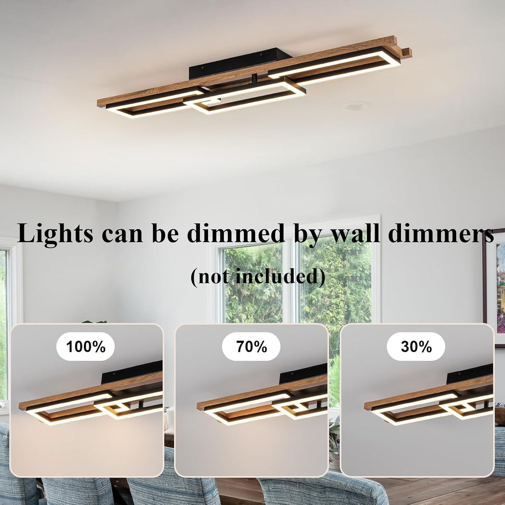Lingkai 39.3' LED Modern Ceiling Lights Wooden Square Rectangular Lamp Fixture Wood, Modern Kitchen Ceiling Lighting Fixtures 3000K for Island Bedroom Living Room Hallways