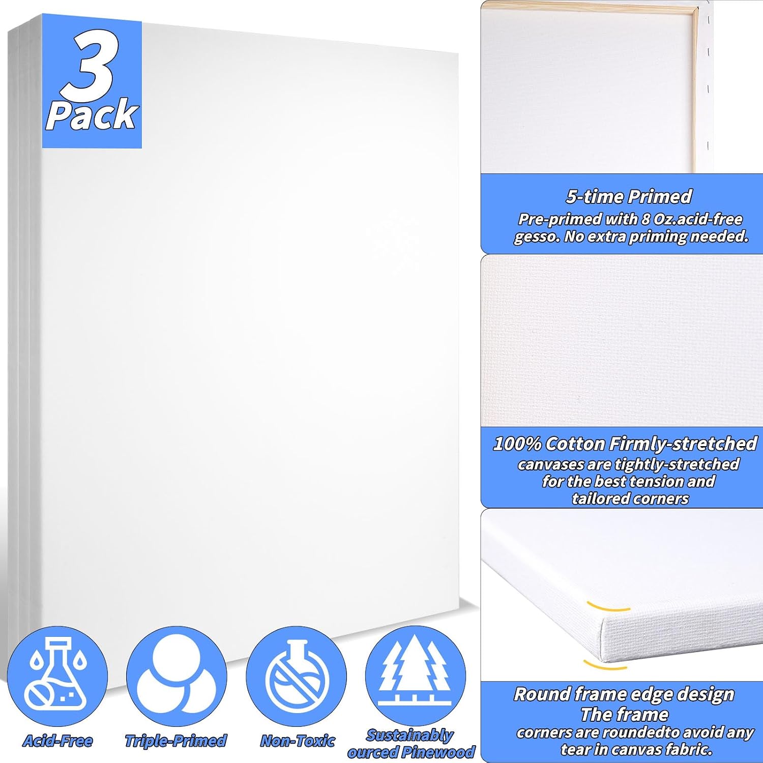 Oleitodh 3 PACK Stretched Canvases for Painting 48x36 100% Cotton Large Canvas Boards for Painting Bulk, White Painting Canvas for Oil, Acrylic Paint & Other Painting Media