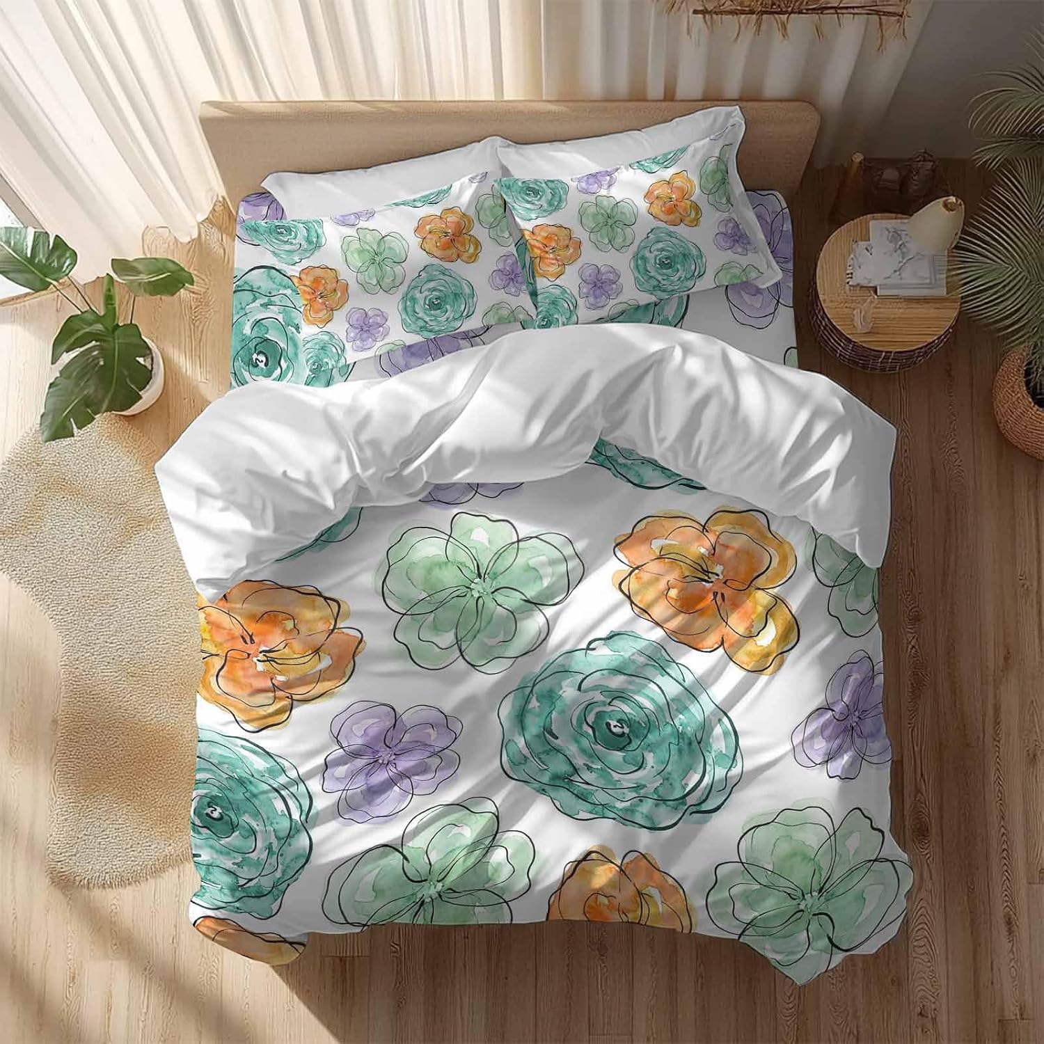 Abstraction Art Duvet Cover Set Queen Size 4 Pieces Watercolors Flowers Minimalist Lines Modern Bedding Set with Zipper Closure, 1 Comforter Cover 92x106 Inches 1 Flat Sheet & 2 Pillow Cases