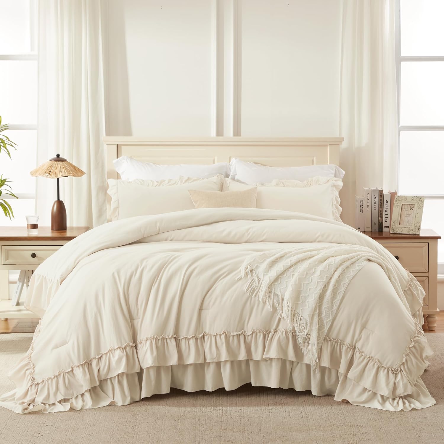 Andency Super King Plus Ruffle Comforter Set, 3 Pieces Soft Farmhouse Shabby Chic Bedding Set, Lightweight Oversized California King Comforter Set 128x120 (1 Comforter 2 Pillowcases), Beige
